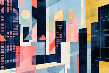 Painting depicting a modern city skyline with towering buildings, A modern abstract interpretation of a pumpkin