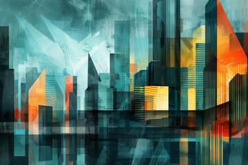 Obraz premium A vibrant abstract painting depicting a cityscape filled with towering buildings, A modern abstract interpretation of a pumpkin