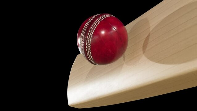 An ultra motion close up of a leather stitched cricket ball hitting a wooden cricket bat on a dark background with alpha mask