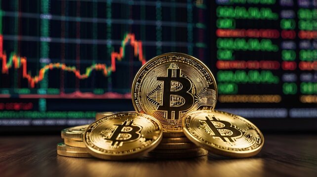 bitcoins on a table with stock markets digital analytics display background - Powered by Adobe