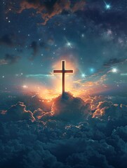 Fototapeta premium The image of a Christian cross prominently visible in the sky represents faith, spirituality, and the presence of God.