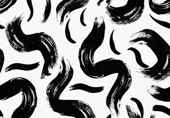 Black ink hand drawn doodle curved shapes seamless pattern on white background,


