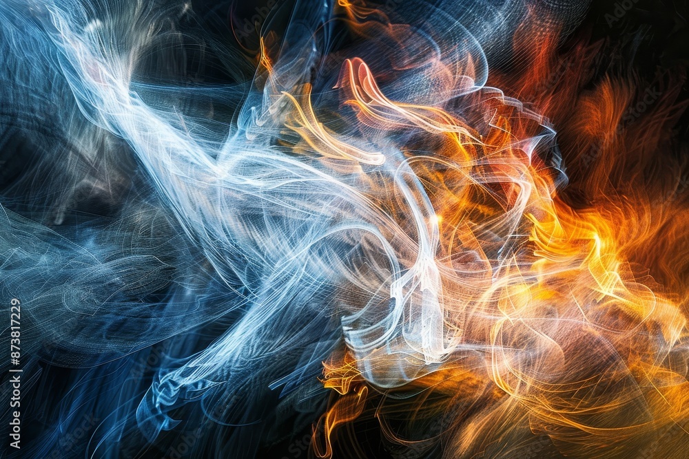 Poster dynamic depiction of fire and smoke intertwining on a dark backdrop, an abstract interpretation of a