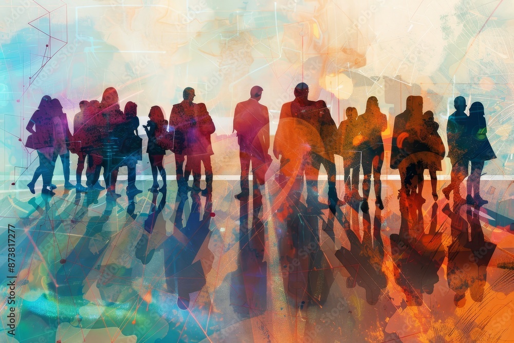 Poster a team of professionals standing next to each other in unity, an abstract interpretation of a team o