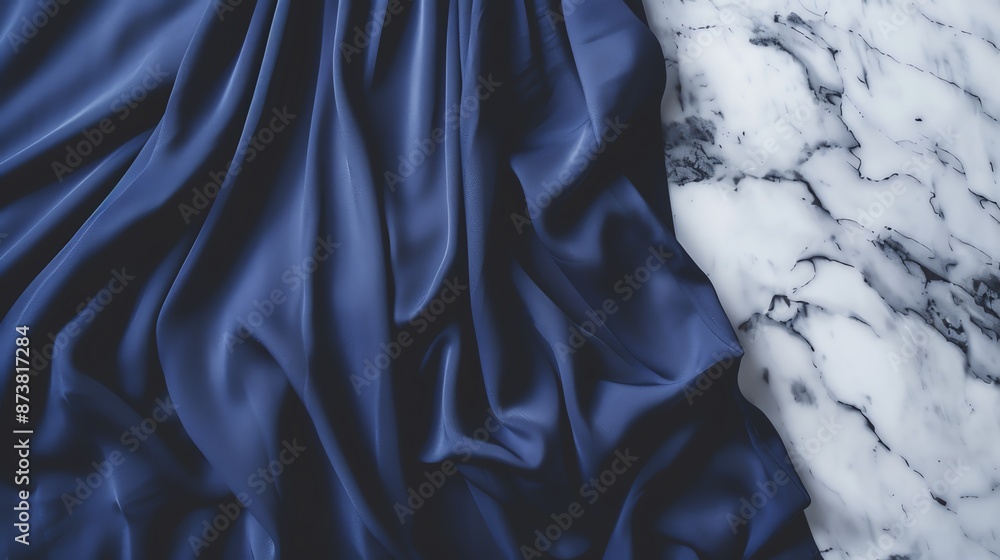 Poster an elegant shot of a flowing blue silk fabric draped on a smooth marble surface. the contrasting tex