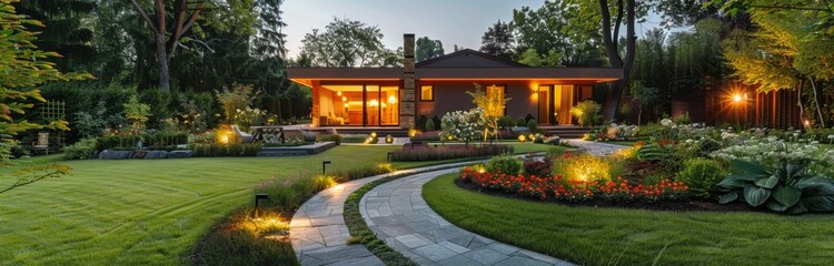 Evening View of a Well-Lit Suburban Home With a Stone Pathway