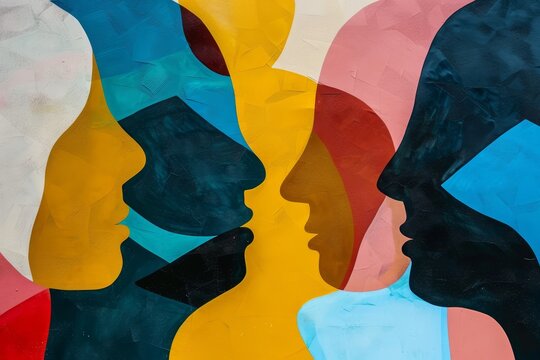 An abstract painting depicting two individuals standing and looking directly at each other, An abstract interpretation of a team of professionals communicating and sharing insights - Powered by Adobe
