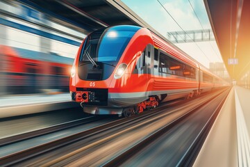 A modern high speed train in motion in Europe. Public transport and travel concept.