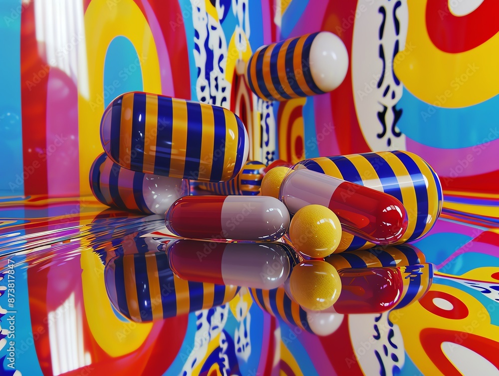 Poster colorful abstract 3d rendering with vibrant pills and patterns, conveying a psychedelic and surreal 