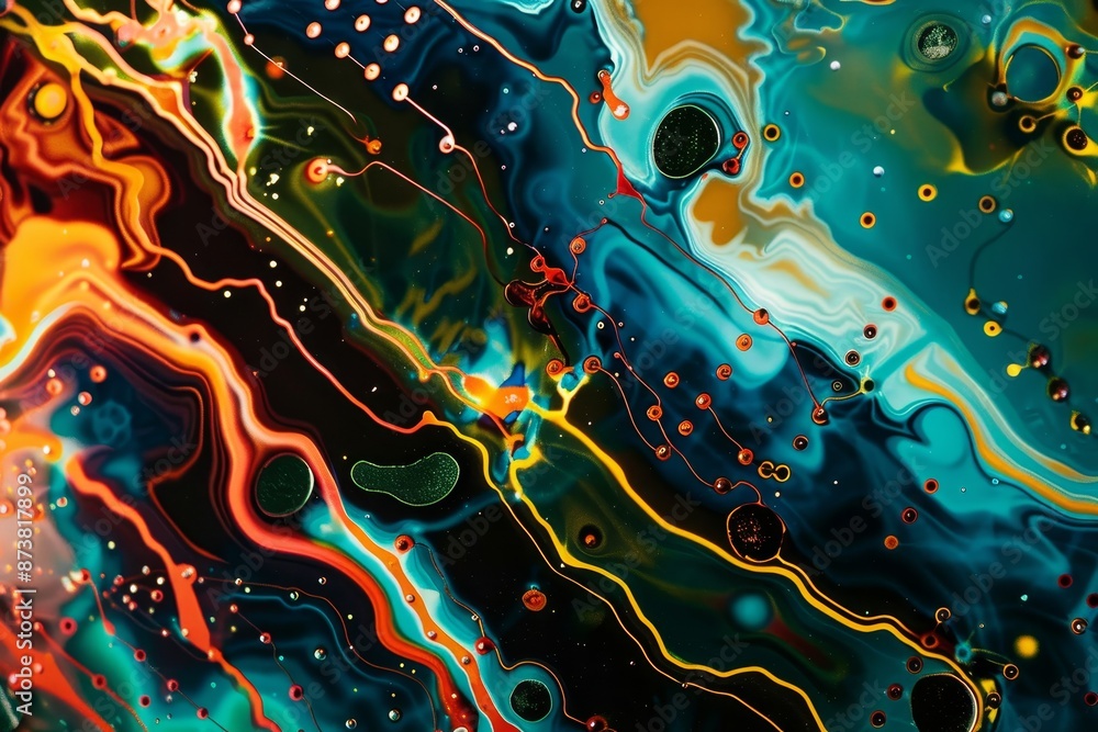 Poster close-up view of a colorful painting showing intricate swirls and bursts of various hues, an abstrac