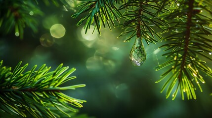 Close-up of fresh green pine needles with morning dew drops, illuminated by sunlight, creating a serene and natural springtime atmosphere.