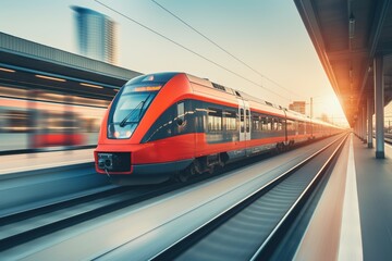 Naklejka premium A modern high speed train in motion in Europe. Public transport and travel concept.