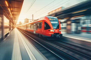 Fototapeta premium A modern high speed train in motion in Europe. Public transport and travel concept.