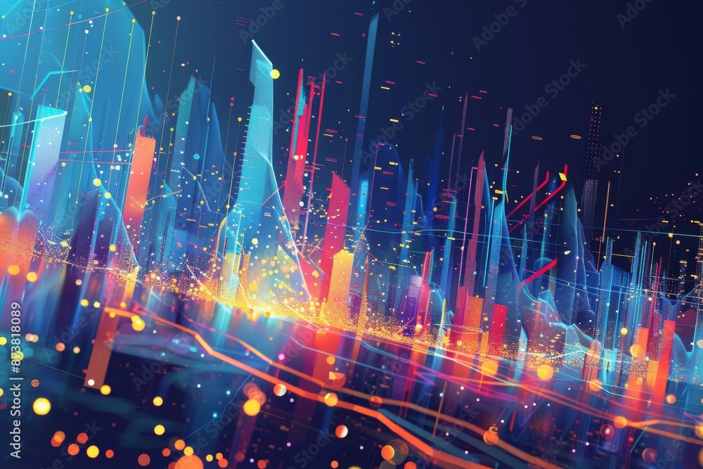 Poster a futuristic cityscape featuring vibrant neon lights and intricate lines creating a dynamic urban sc