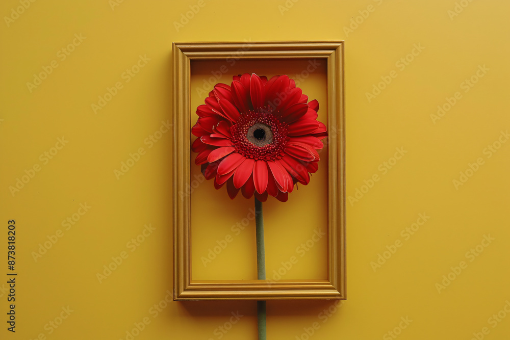 Aufkleber photo of a single red gerbera flower inside an empty picture frame on a yellow background, minimal c
