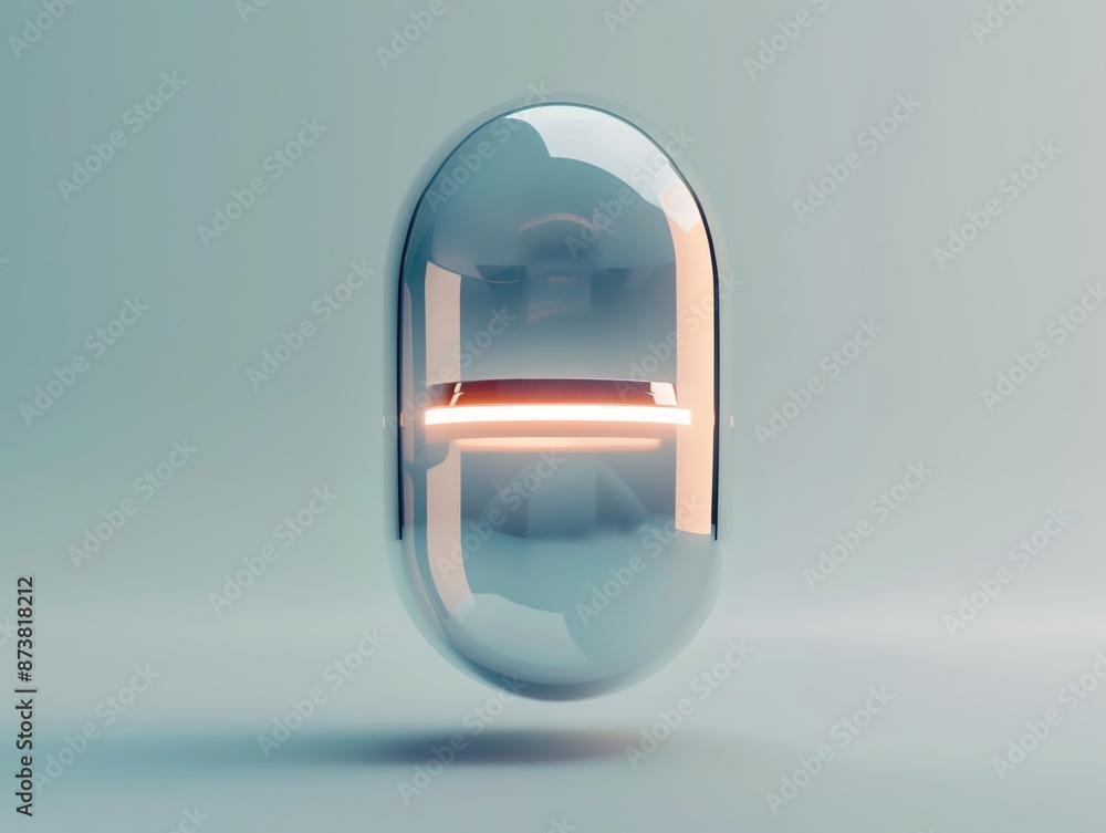 Poster a transparent capsule with an orange core, floating in a minimalistic setting, symbolizing modern me