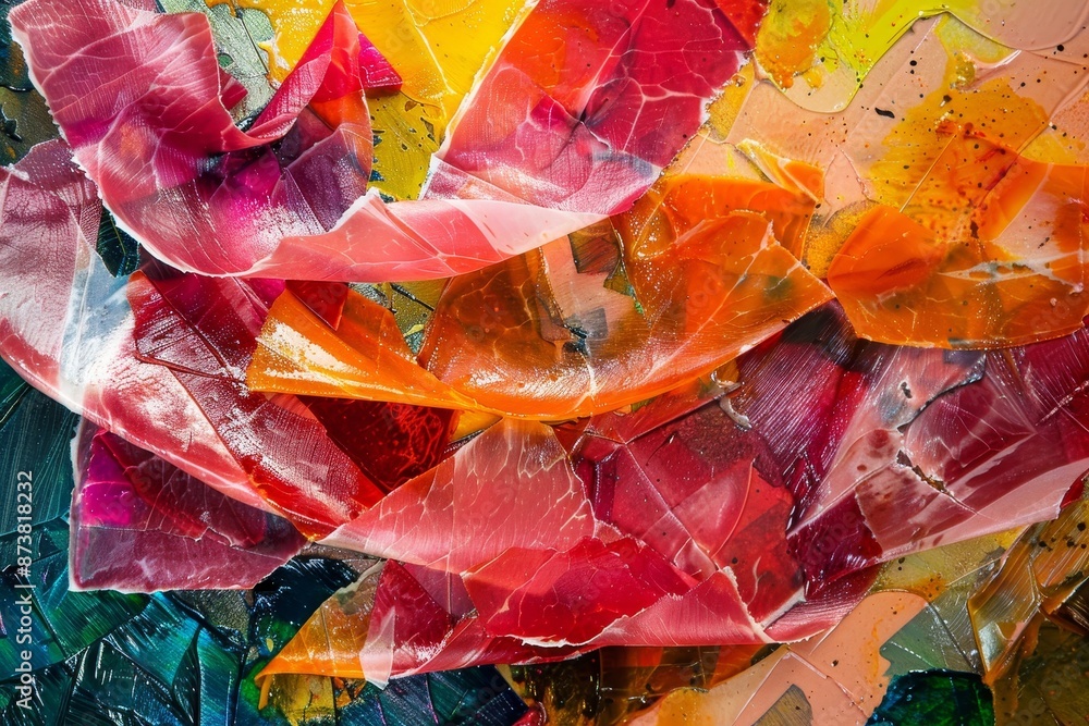 Poster close-up view of a colorful, abstract painting with various hues and tones creating a vibrant compos