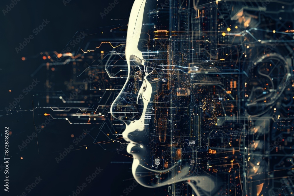 Poster a womans face in focus with a futuristic interface displayed in the background, an abstract interpre
