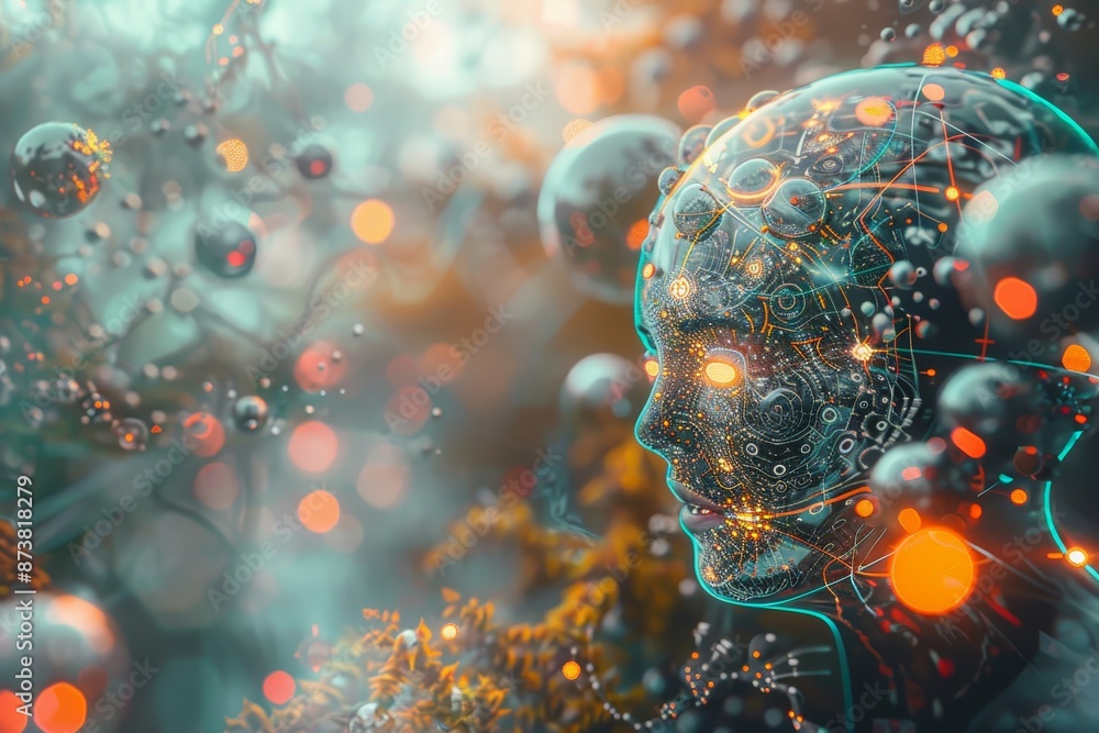 Poster a computer-generated depiction of a human head, an abstract interpretation of the concept of artific