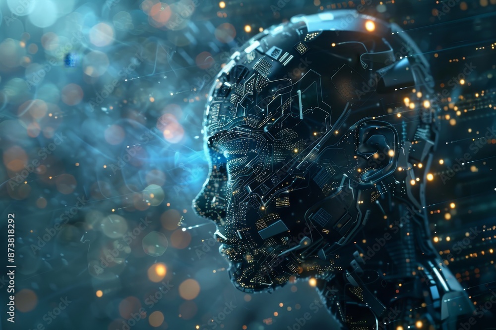 Poster a robots head is depicted with vibrant glowing lights in the background, creating a futuristic and t