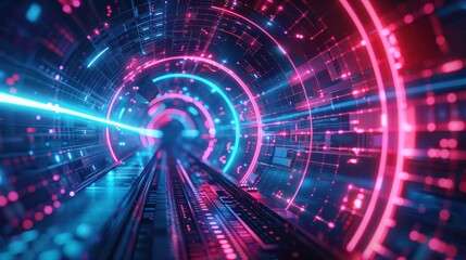 Obraz premium Abstract futuristic technology abstract background with lines for network, big data, data center, server, internet, speed. dark blue and pink neon lights into digital technology tunnel, generative ai