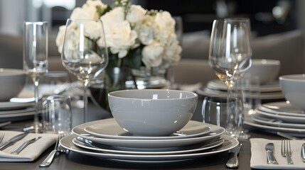 Fototapeta premium Minimalistic grey monochrome dinner set with plate and cutlery. 