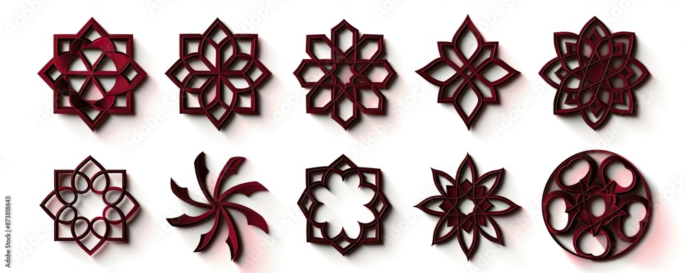 Poster set of different dark red islamic line symmetrical vector isolated on white background