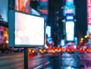 An empty billboard in a busy city street with blurred lights in the background.