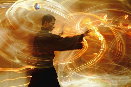 A man standing illuminated by a dynamic light painting, showcasing vibrant colors and movement, An abstract interpretation of the energy flow in a Wing Chun practitioner's movements