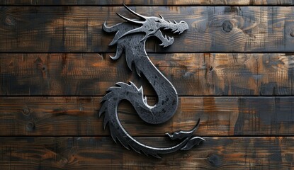 Fototapeta premium Metallic Dragon Sculpture on Dark Wooden Plank Background