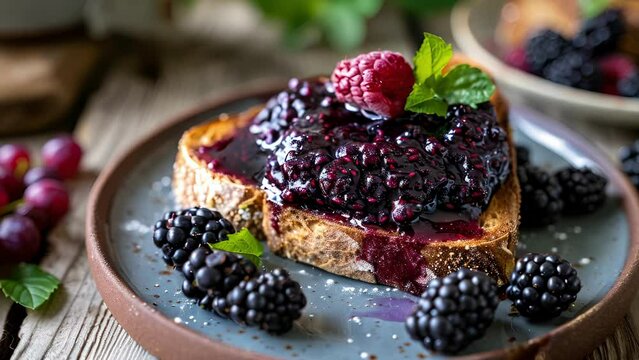 A slice of warm buttered toast is topped with a dollop of deep purple foraged berry jam a perfect and comforting snack.