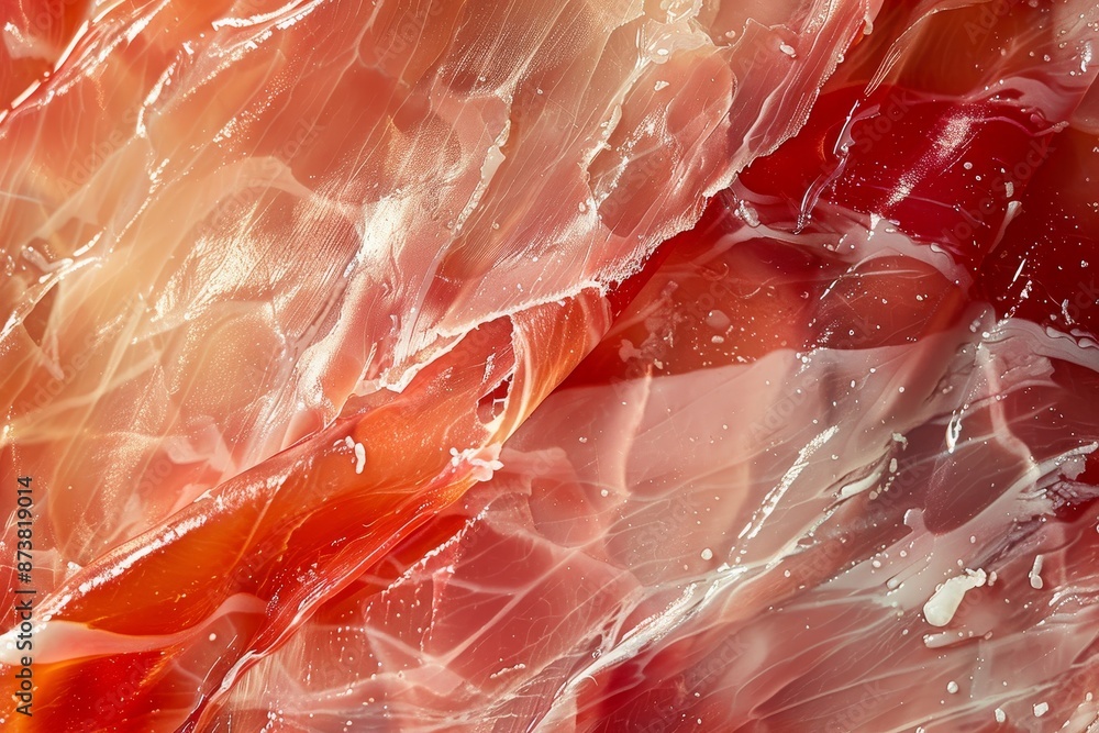 Poster detailed view of a red and white object, showcasing its intricate patterns and textures, an abstract