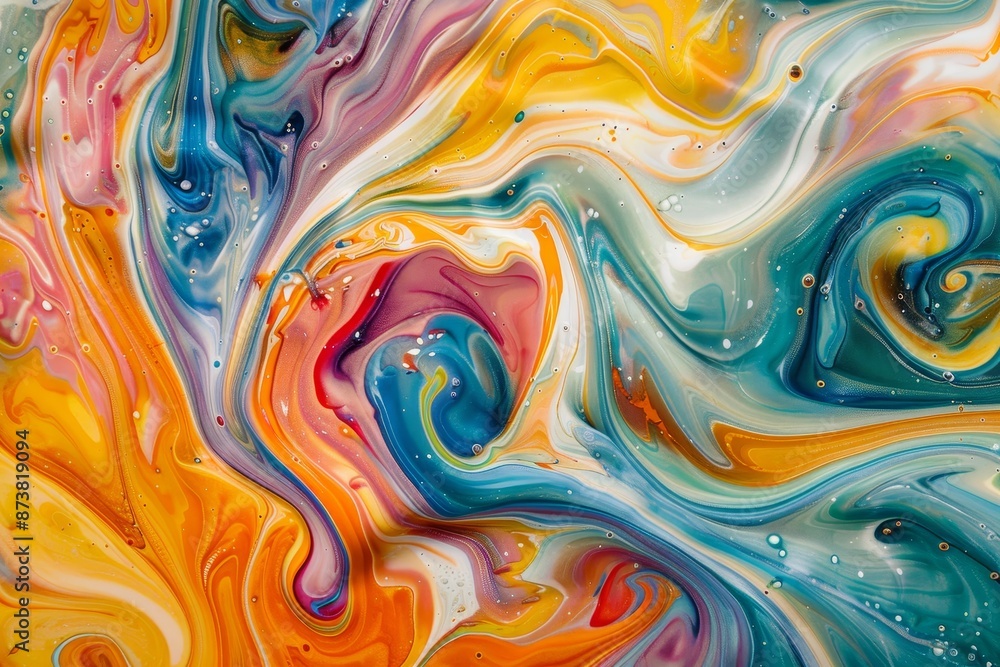 Poster abstract painting showing multicolored fluid paint in motion, an abstract interpretation of the proc