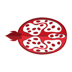 Quarter of red ripe pomegranate. Top view. Hand drawn juicy fruit in doodle style