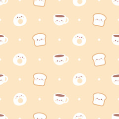 seamless pattern with breakfast food. cute breakfast pattern with coffee, fried egg, and toast illustration. kawaii pattern.