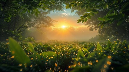 A serene forest scene at sunrise, with the sun's rays filtering through the trees and casting a warm glow on the ground.