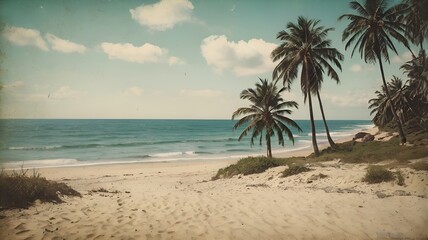 Obraz premium Tropical sandy beach with palm trees, vintage tone, film distress flare