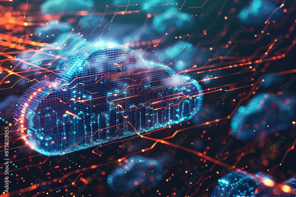 Poster Abstract representation of data encryption, featuring a blue cloud hovering above a network of interconnected orange and blue dots, An abstract representation of data encryption methods