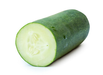 Front view of green cucumber slices or pieces in half isolated on white background with clipping...