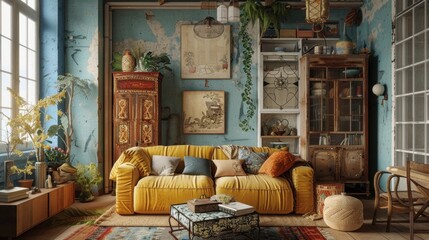 Fototapeta premium Eclectic home interiors blend diverse styles and periods, featuring bold colors, varied textures, and a mix of old and new elements for a unique, personalized aesthetic. 