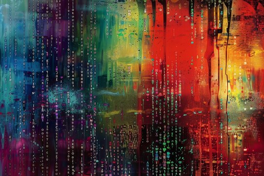 Colorful abstract painting featuring various numbers in a dynamic composition, An abstract representation of data encryption methods