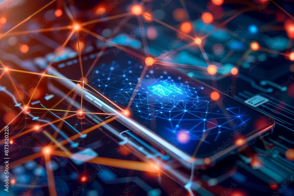Poster A cell phone is surrounded by a network of connected lines and dots representing data flow and connectivity, An abstract representation of data flowing through a network