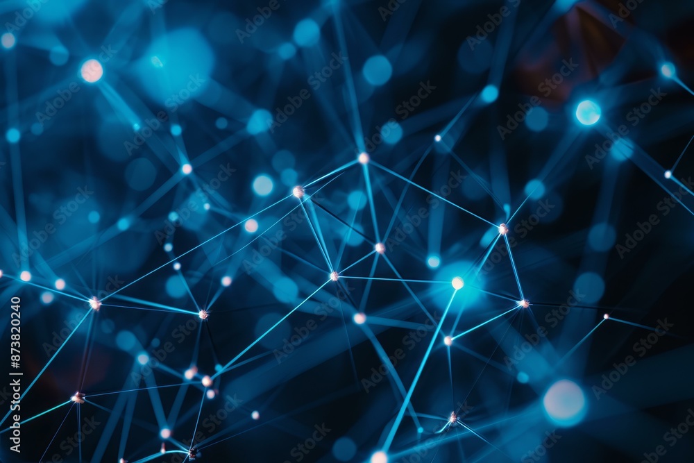 Poster digital illustration of a dynamic blue network with connected lines and dots