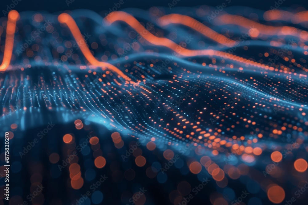 Poster abstract representation of data flowing through a blue and orange background, an abstract representa