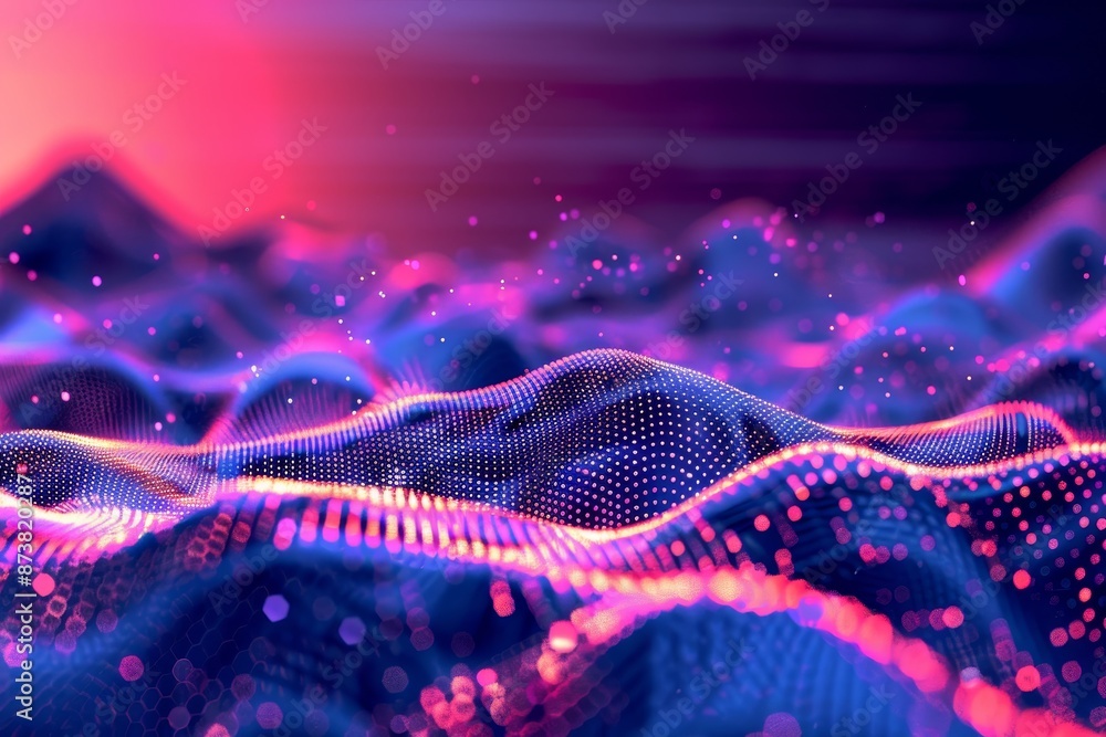 Poster a computer-generated depiction of a mountain range, an abstract representation of data processing in