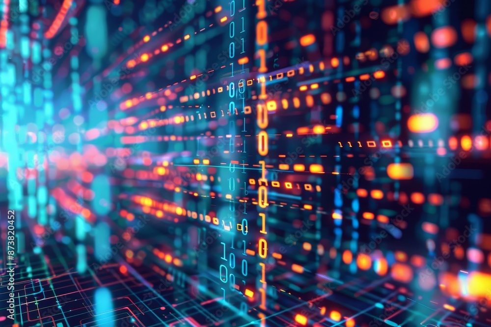 Poster computer screen displaying numerous lines representing abstract data streams and digital information
