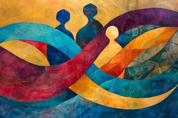 Fototapeta premium A painting depicting two individuals intimately holding hands in a gesture of connection and bonding, An abstract representation of familial bonds intertwining and wrapping around each other