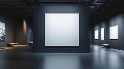 minimalist gallery interior large blank frame on dark wall soft focused lighting modern sleek design with clean lines and subtle shadows