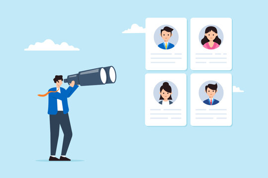 Recruiter using binoculars to look at candidate profiles long-range search detailed observation distant talent acquisition focused recruitment