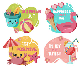 Summer stickers with cute hand drawn fruits and and lettering